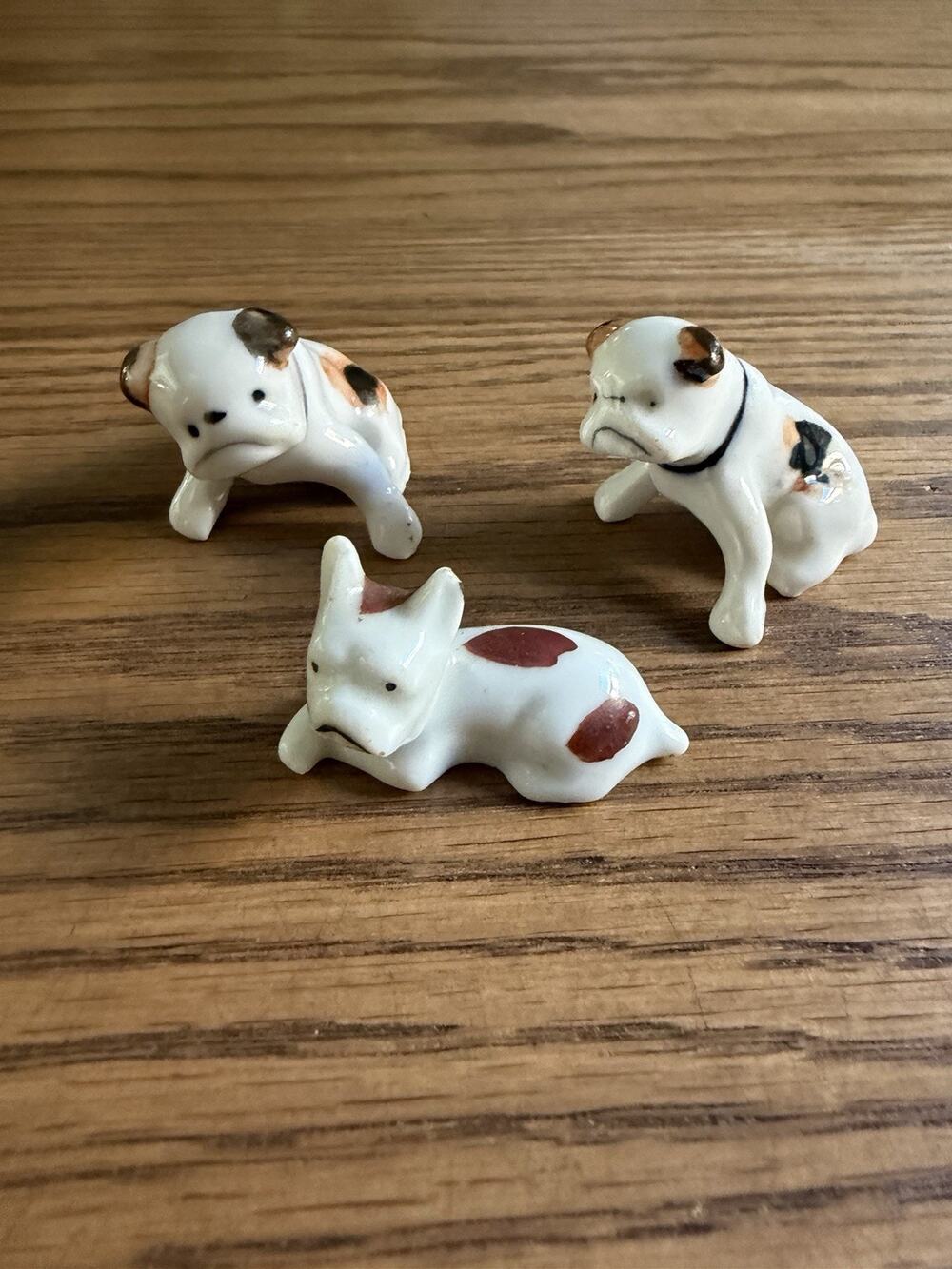 Vintage Porcelain French Bulldog Figures Set Of 3 Bulldog Trinkets Japan